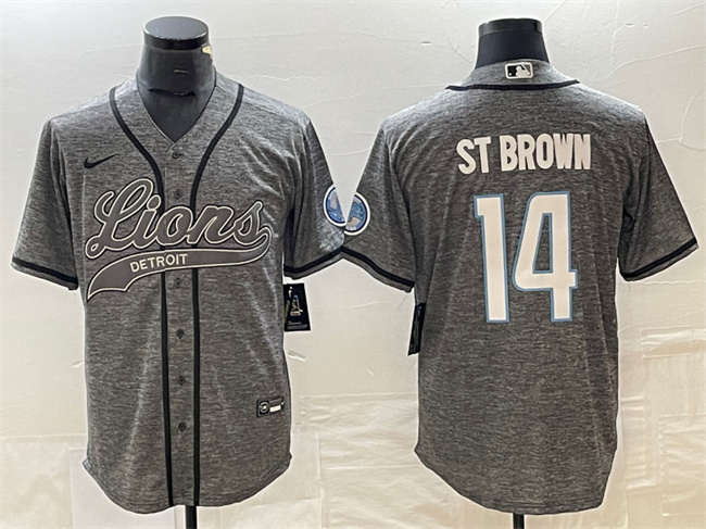 Men's Detroit Lions #14 Amon-Ra St. Brown Gray Cool Base Stitched Baseball Jersey